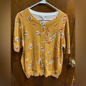 Woman Within Mustard Yellow Floral Short Sleeve Button Down Cardigan Sweater M